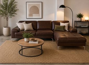 Real leather! Dark brown leather sectional with chaise, can deliver.