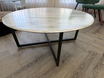 Round Faux Marble Top Coffee Table Black Metal Base