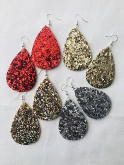 Silver Gold Red Glitter leather teardrop earrings