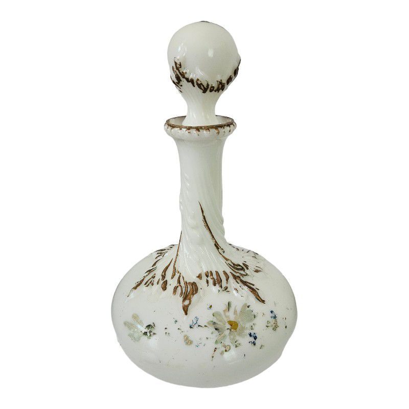 BEAUTIFUL Antique Hand Painted Milk Glass Decanter / Dresser Bottle.
Milk glass barbershop apothecary bottle with stoppers. 
19th Century/ 