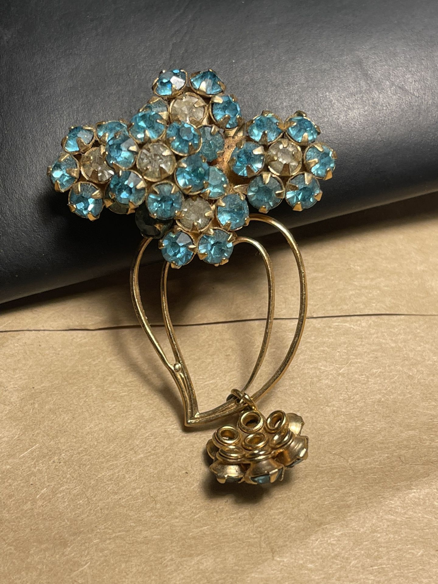 Vintage/Antique Blue & Gold Rhinestone Flower Brooch - Costume Jewelry 