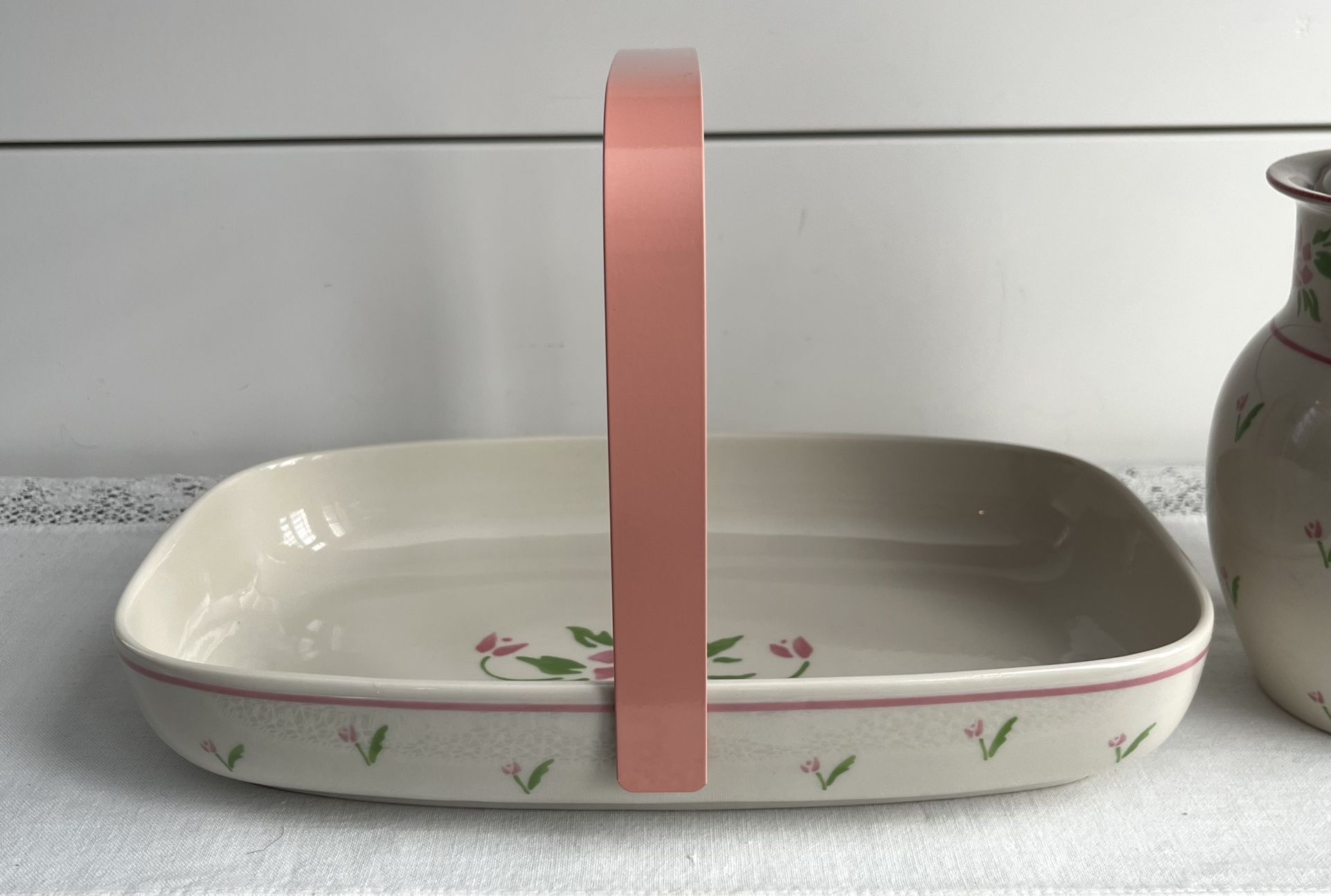 Vintage Teleflora Set Bedside Water Carafe & Tray w/ Handle Pink Flowers Tulips