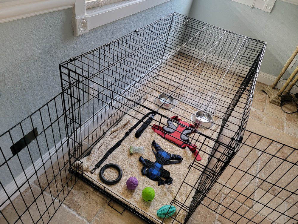 Brand New 48"x30"x33 Dog Crate Package With 2 Doors, Tray, Bed, 2 Bowls, Harness, Leash, 2 Toys, Poo Bags, Crate Alone $100, Xxxl Dog Cage  Kennel 
