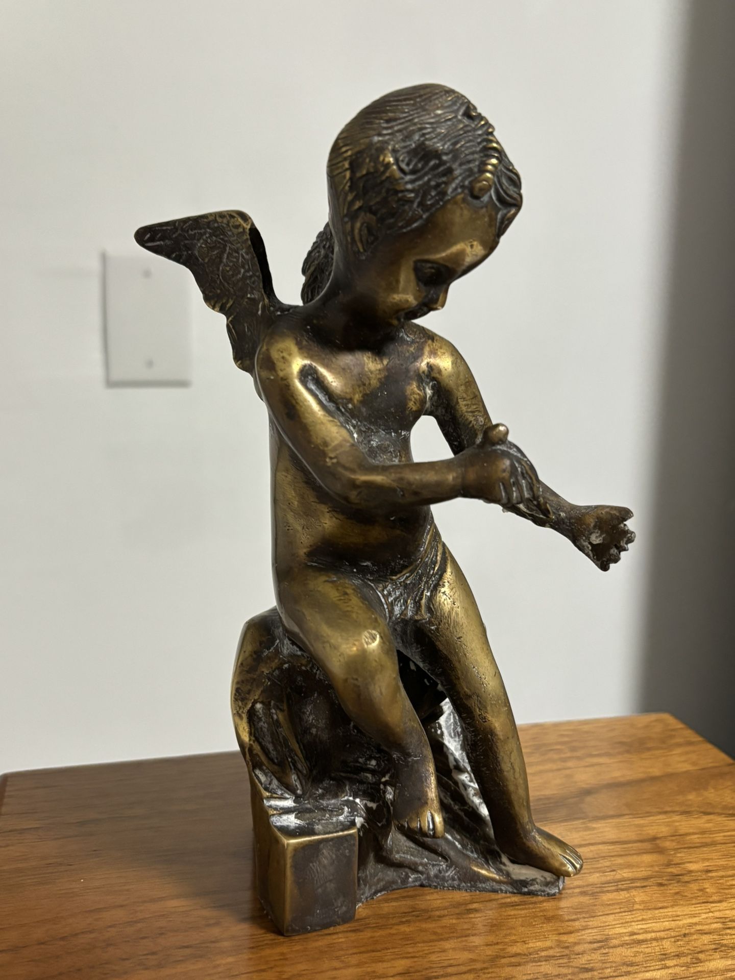 Vintage Solid Brass Angel Statue Figurine Sit On Brass Stand