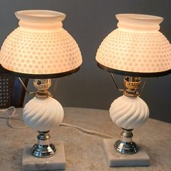 Vintage White Milk Glass Hobnail Table Lamps  ,with marble Base 