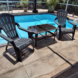 Outdoor Furniture Poolside Conversation Set Balcony Patio Porch Stone Finish Glass top Coffee Table Adirondack Chairs 