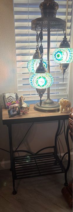 Metal end table with wood table top