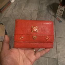 Authentic MCM Pink Leather Studded Logo Motifs Trifold Wallet