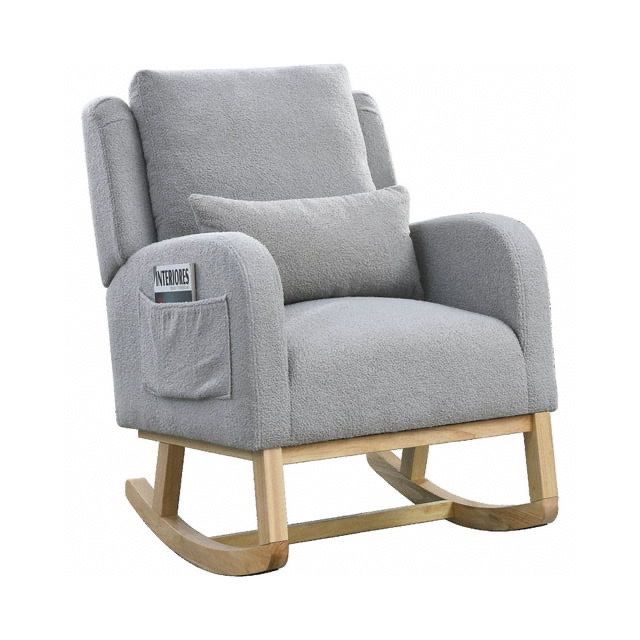 Accent Rocking Chair with Lumbar Pillow, Upholstered Teddy Fabric Rocker Recliner Chair with High Back and Two Side Pockets, Comfy Armchair Rocker Gli