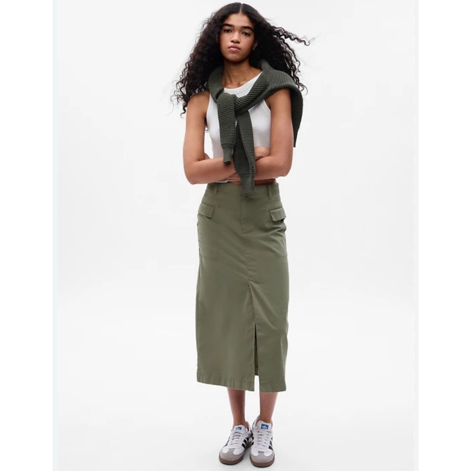 Olive green utility midi skirt