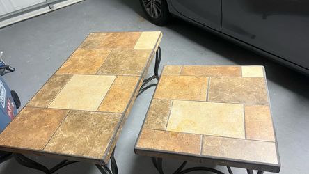 Stone Tile Top Wrought Iron Tables Set of 2