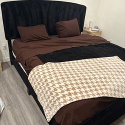 King Size Black Velvet W/ Gold Accent Bed Frame & Slats