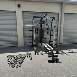 SQUAT RACK WITH BENCH/ BAR/ SET OF PLATES/ CURL BAR AND DUMBBELL BARS