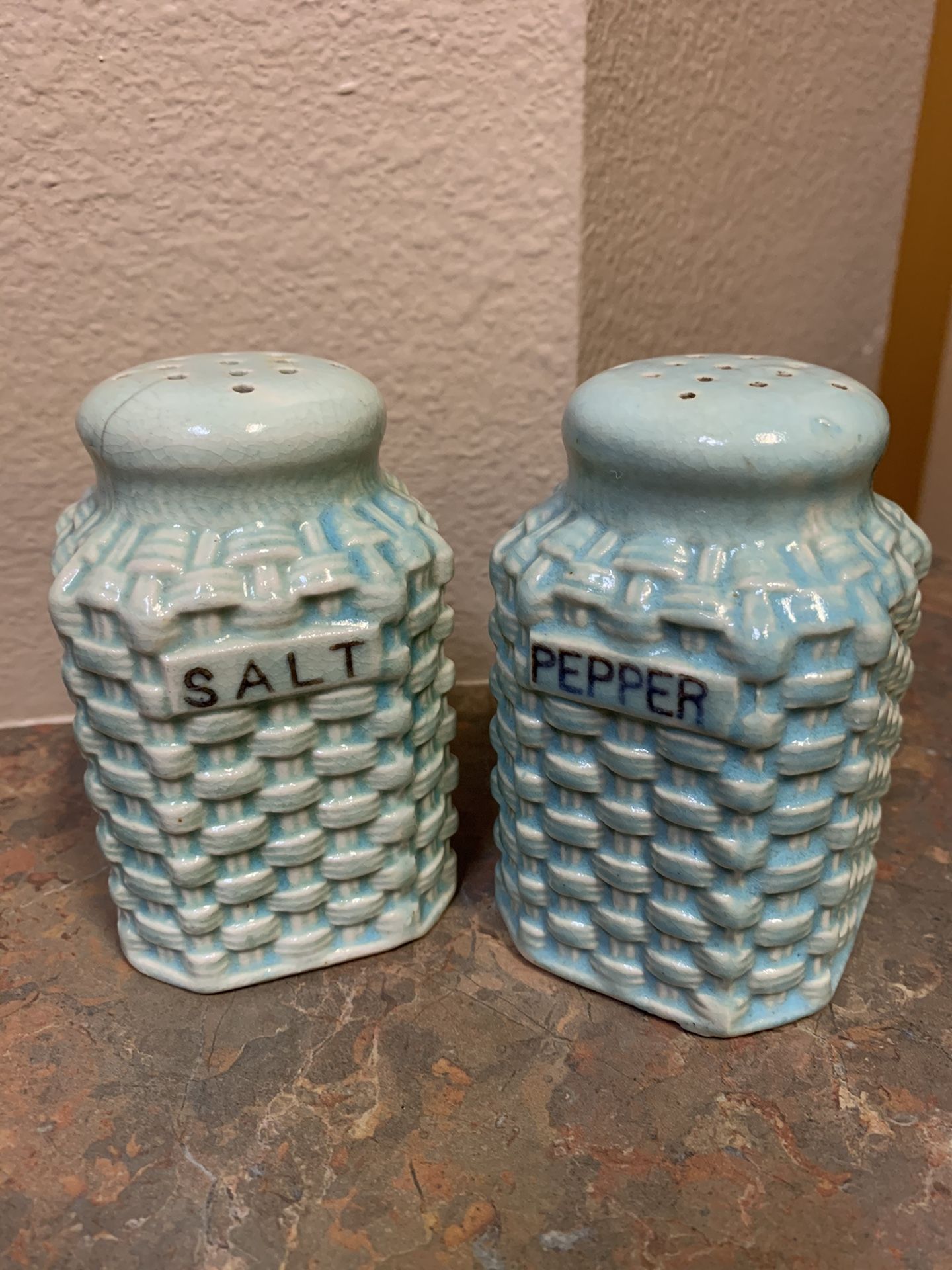 Vintage Blue Basket Weave Salt & Pepper Set