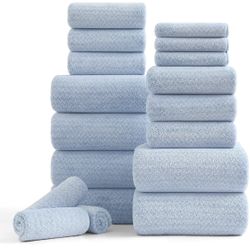  18 Piece Bath Towels Set,100% Microfiber Family Bathroom Towel with Hanging Loops-6 Bath Towels,6 Hand Towels,6 Washcloths,Quick Dry Highly Absorbent