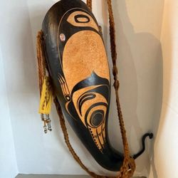 Mark DuBourdieu Signed 1973 Carved Gourd Horn–NW Coast Inspired Formline Art 22"