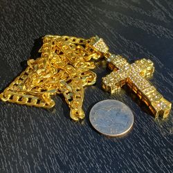 Large Gold Cross Pendant 26 Inch Gold Filled Curb Chain 6MM Necklace 