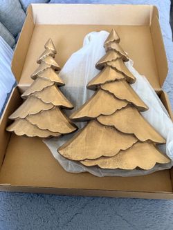 Set of 2 Gold Christmas Tree Vintage Tabletop Xmas Statues