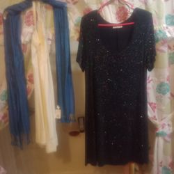 Ladies Awesome Black Sequin Dress With Slip & Blue Sequin Scarf