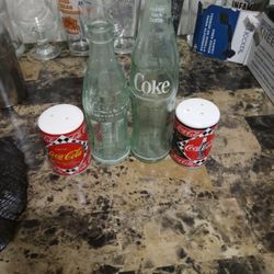 2 Antique Coca Cola Bottles From The 30s And Salt and Pepper shakers from1995