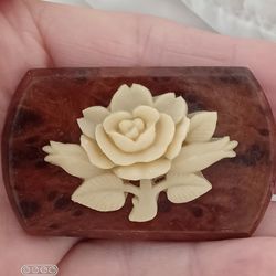 Vtg.Rare Wood & Celluloid Raised ROSE PIN