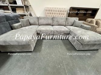 NEW Modern Sectional Sofa with TWO LARGE CHAISE Lounge chair U Shaped Seccional couch Light Grey Fabric Gray Ashley Style Designer Discount BIG SALE