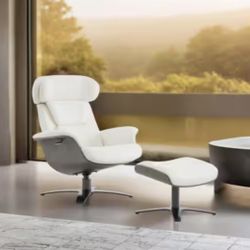 Theo Genuine Leather Recliner Swivel Chair with Ottoman and Adjustable Headrest for Living Room in White