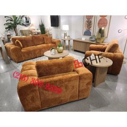 3 Piece Chenille Living Room Sofa Orange  ( Sofa + Loveseat + Chair )