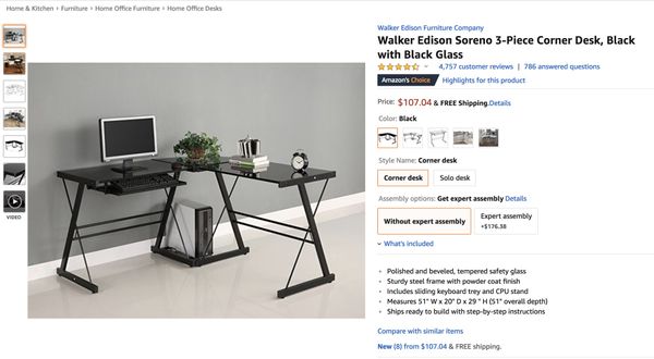 Walker Edison Soreno 3 Piece Corner Desk Black With Black Glass