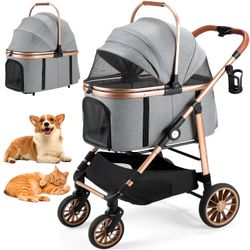  Foldable 4 Wheels Pet Stroller for Small/Medium Dogs Cats up to 55lbs, 3-in-1 Dog Stroller, Detachable Carrier and One-Click Folding Design, Travel P