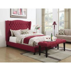 EASTERN KING SIZE BED FRAME RED FABRIC WINGBACK TUFTED ACCENTS