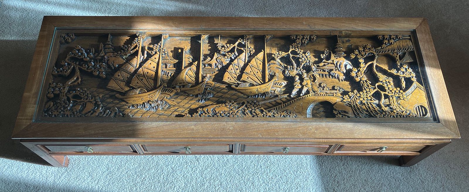 Antique 60" x 20" x 16" Glass-top Teakwood Coffee Table, Eastern Asian Furniture