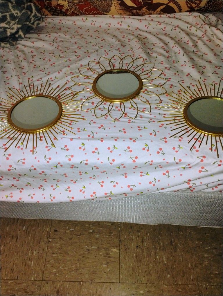 3 Small Brass Wall Mirror Total 12". Each Mirror 5" Pickup Only Cash