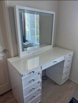 White Vanity Desk with Mirror and Drawers