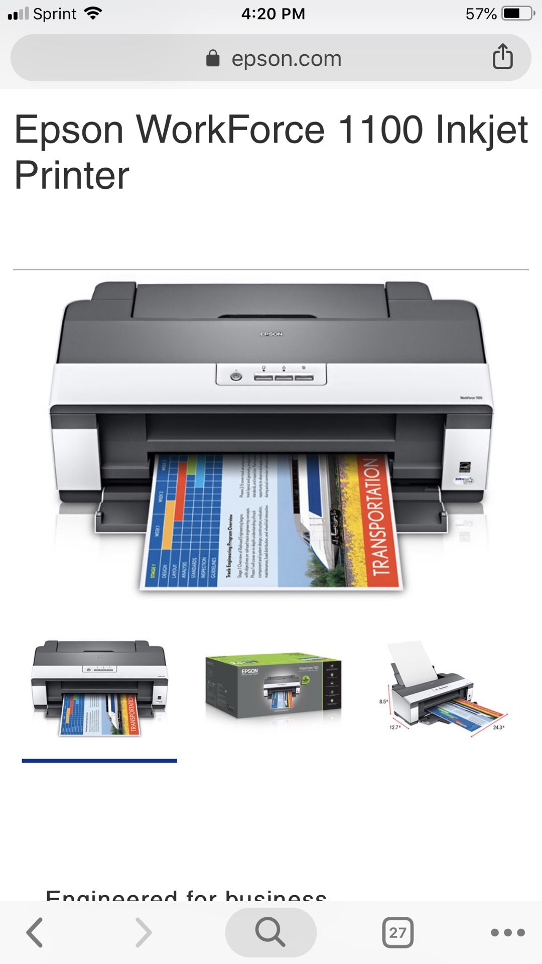 Epson workforce 1100 inkjet wide format printer with refillable color cartridges.