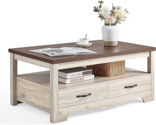 LINSY HOME Farmhouse Coffee Table with Storage, Wood Coffee Table for Living Room, Open Display Area and Storage Drawers with Metal Handles, Chic Styl