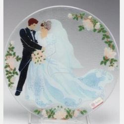 Peggy Karr Glass Studio Signed Fused Glass Wedding Bride & Groom 11" Plate NWB