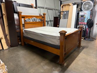 Wood Queen Bed Frame with Iron Scroll Headboard
