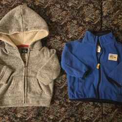 2, Size 6 Months Baby Boy Jackets Coat Fleece Hooded Zippered Gray B'Gosh Blue Carter's w/ Pockets