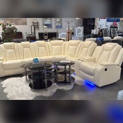 White breathing leather recliner sectional sofa with LED Lights cup holders 