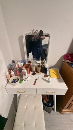 White Vanity Desk with Mirror light and Storage Bench