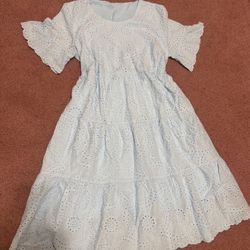 New large blue ruffle short boho eyelet lace dress