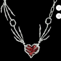 Dark Edgy Punk Grunge Skeleton Ghost Claw Red Blood Ruby Heart Necklace, New!