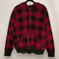 Vintage Faded Glory Plaid Hoodie Full Zip Fleece Lined Red Buffalo Pattern Large
