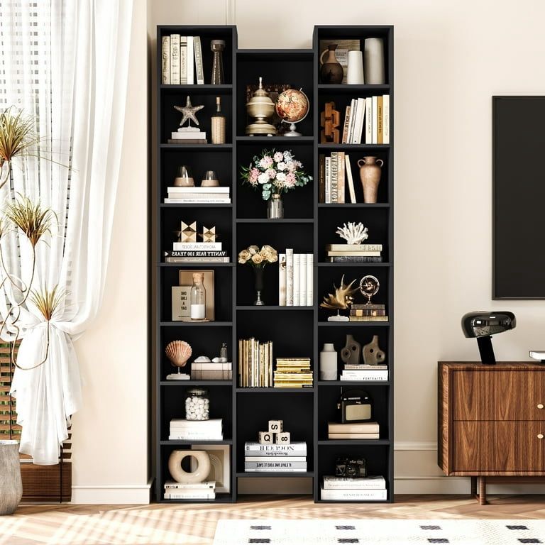 21-Cube Bookcase and Bookshelves with Adjustable Shelves, Triple Width Open CD Display Storage Rack, Black