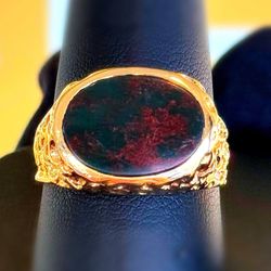 14k solid yellow gold 3.7Ct Oval Bloodstone Nugget fashion gents ring sz 10.5