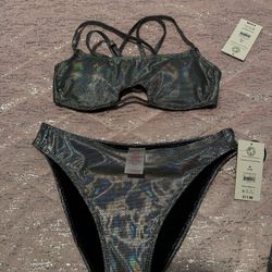 Net Womens Medium Or Large Shiny Silver Black Bikini Swimsuit Set 