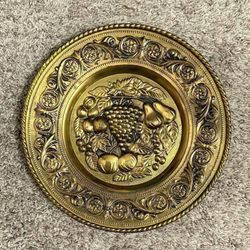 Vintage Made In England Hammered Brass Wall Plate Decor Grape And Fruits Design
