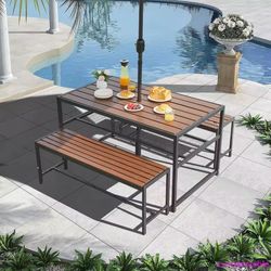 55'' Outdoor Picnic Table and Bench Set with 2" Umbrella Hole&Storage Shelf, Patio Dining Set for 6 People, Outdoor Dining Table