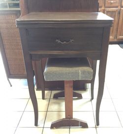 Vintage Sewing Table with Singer Sewing Machine and Bench